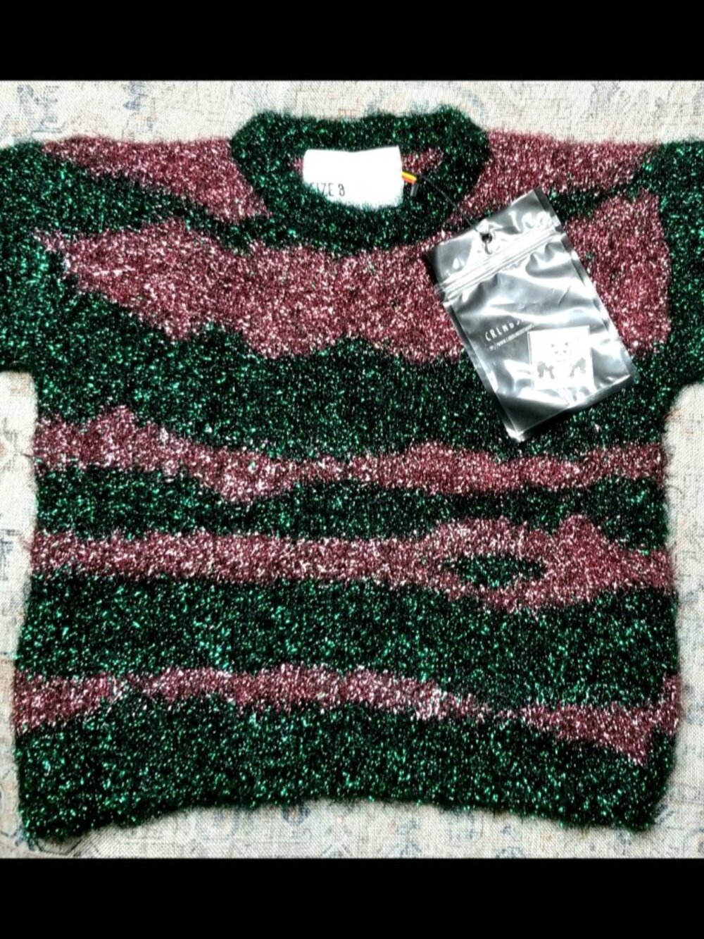 Rare HTF NWT Caroline Bosmans Girls Metallic Pink & Green Tinsel Sweater, Size 8